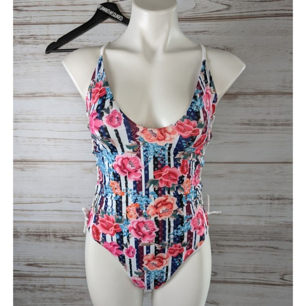 SheIn Floral Stripe Side Tie One Piece Swimsuit sz Medium